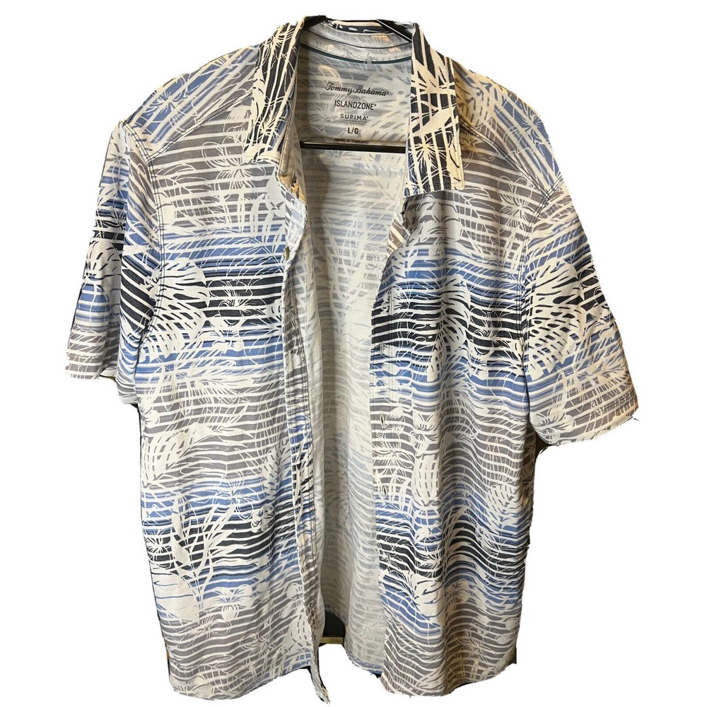 Tommy Bahama SS Button Down Island Zone Blue Black Hawaiian Shirt Mens Size L